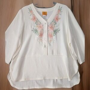 Ruby Rd Woman Blouse Sz PXL Off White Embroidered Relaxed Gauze Tunic Top NWT